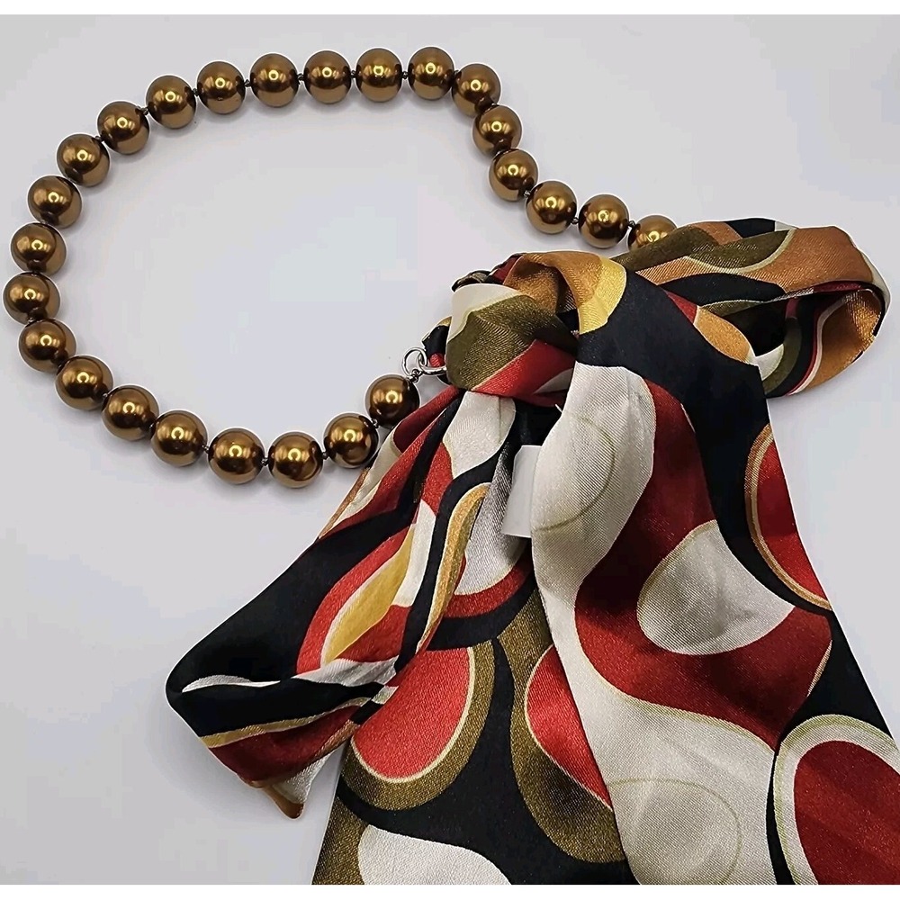 Vintage Bronze Tone Knotted Faux Pearl Retro Mob Wife Funky Print Scarf Ribbon
